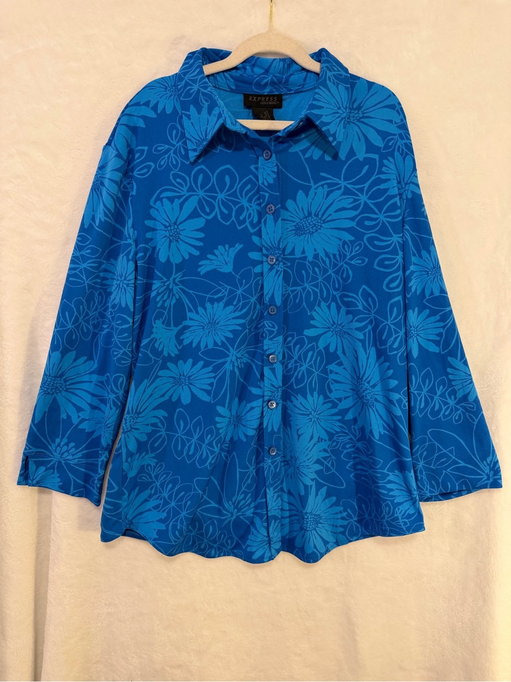 Vintage Y2K Express Womens Top Size Large Blue Floral Button Soft Hippie Blouse